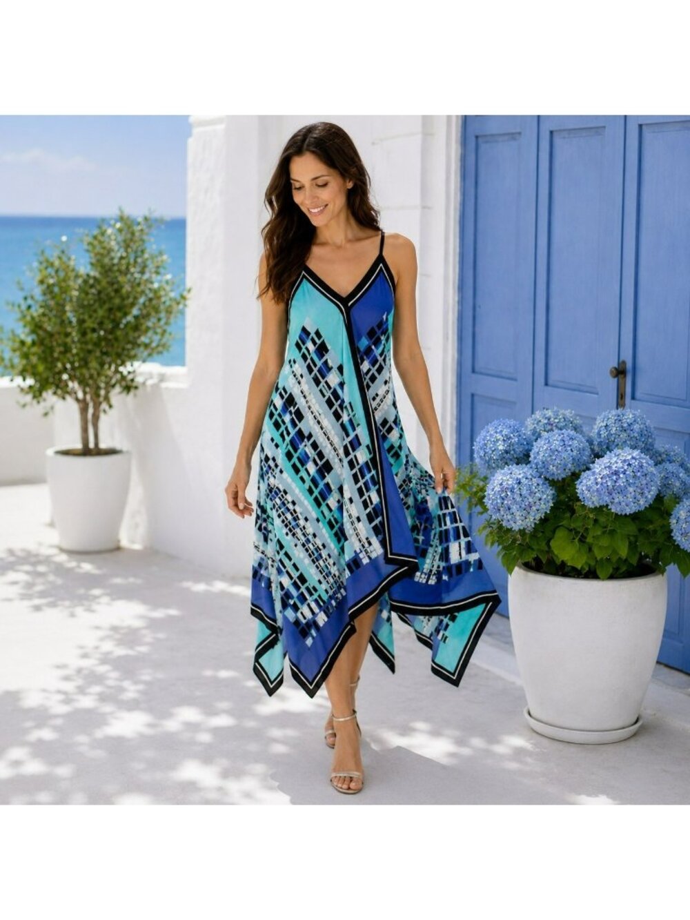 Geometric Print Handkerchief Hem Maxi Dress With Adjustable Straps And V-Necklin
